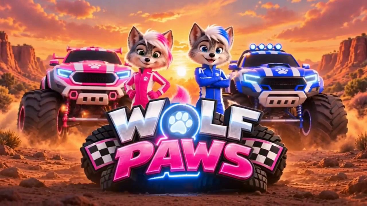 Kira and Danila with their pink and blue monster trucks and the Wolf Paws logo at sunset